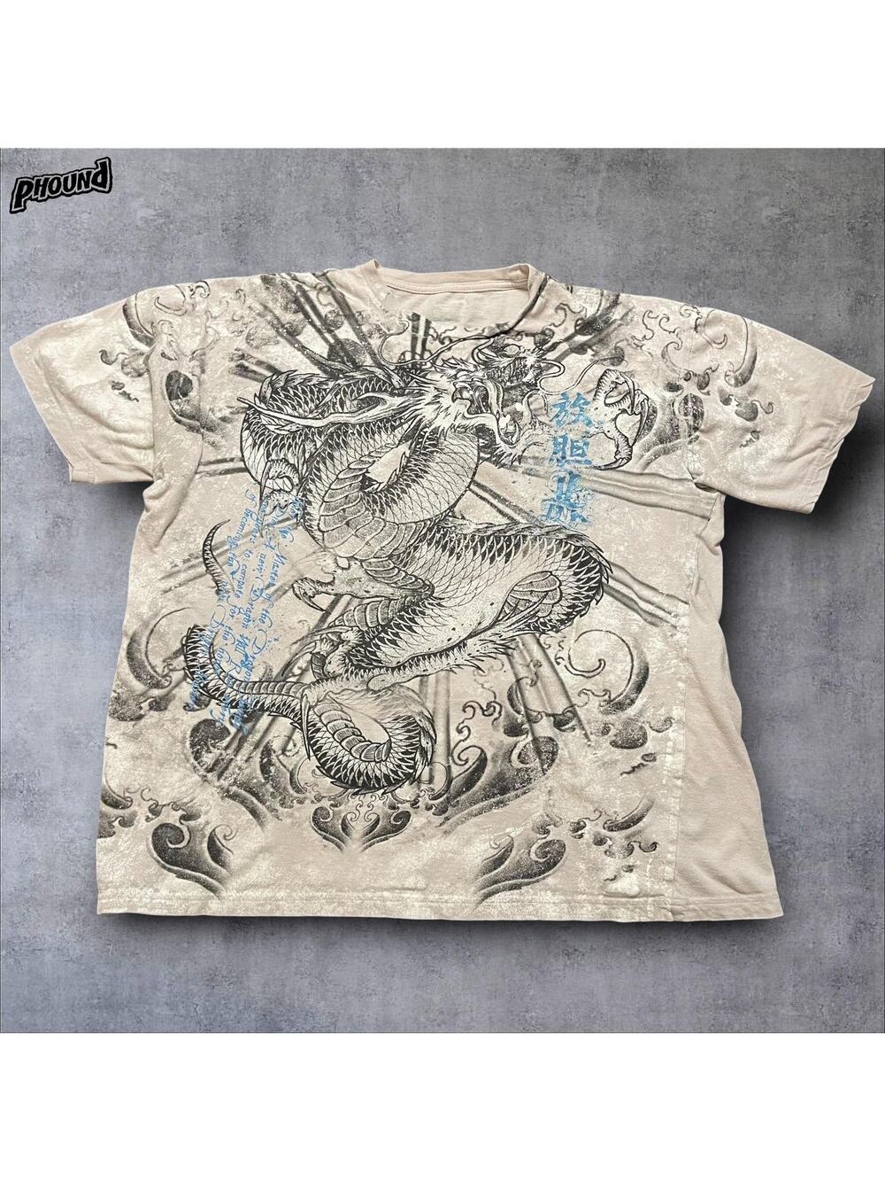 LA Ink Shirt Mens Large Beige Dragon Tattoo Graphic Mineral Wash Short Sleeve